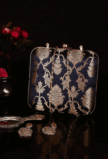 Sapphire Blue Brocade Box Clutch with Sling (6.5 X 2 X 6)
